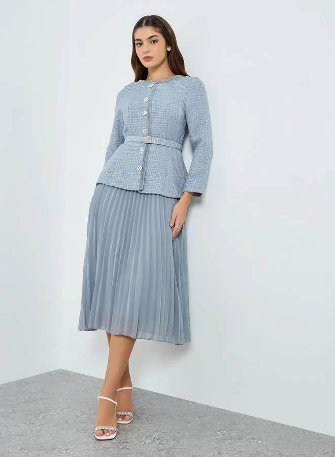 Women Blue Tweed Midi Dress with Belt